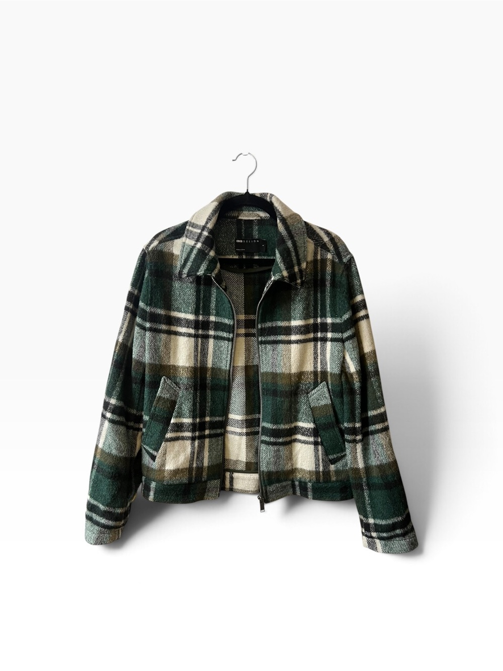 ASOS Design: Green Plaid Full-Zip Shacket Jacket, size S